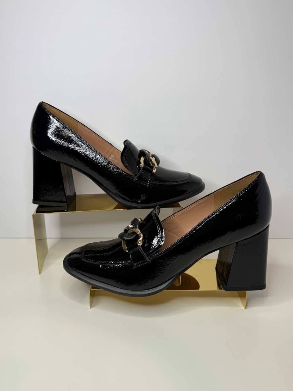 NWT Linea Paolo Cece Black Crinkle Leather Chain Loafers Block Heel Womens 10 - Picture 4 of 7